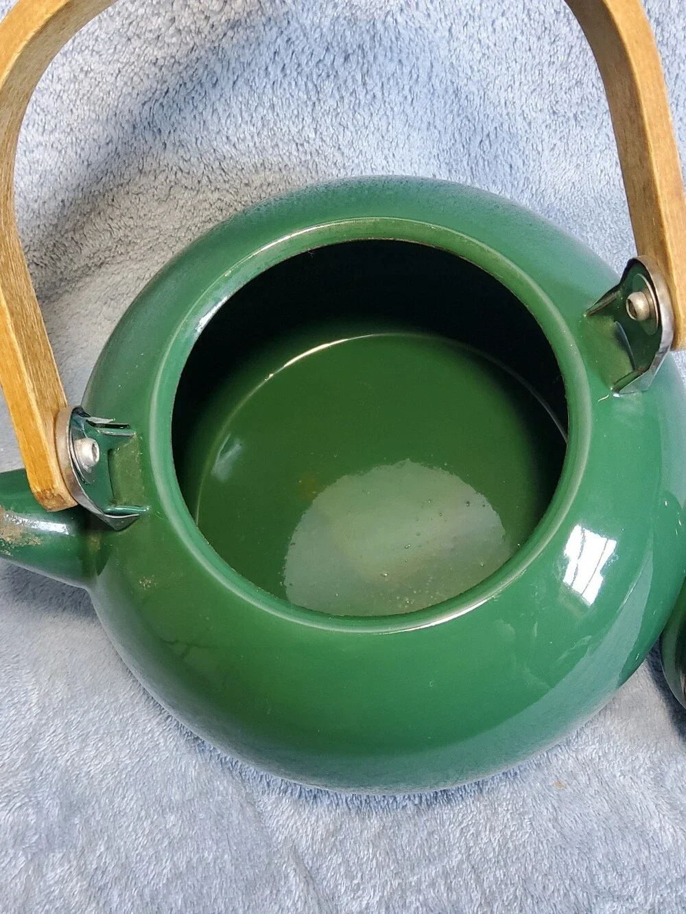 Vintage Enamelware Knob Teapot Kettle Teak Wood Handle Green Unbranded